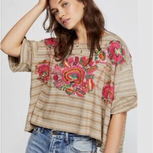 Free People Catalunya Embroidered Tee Mushroom Combo